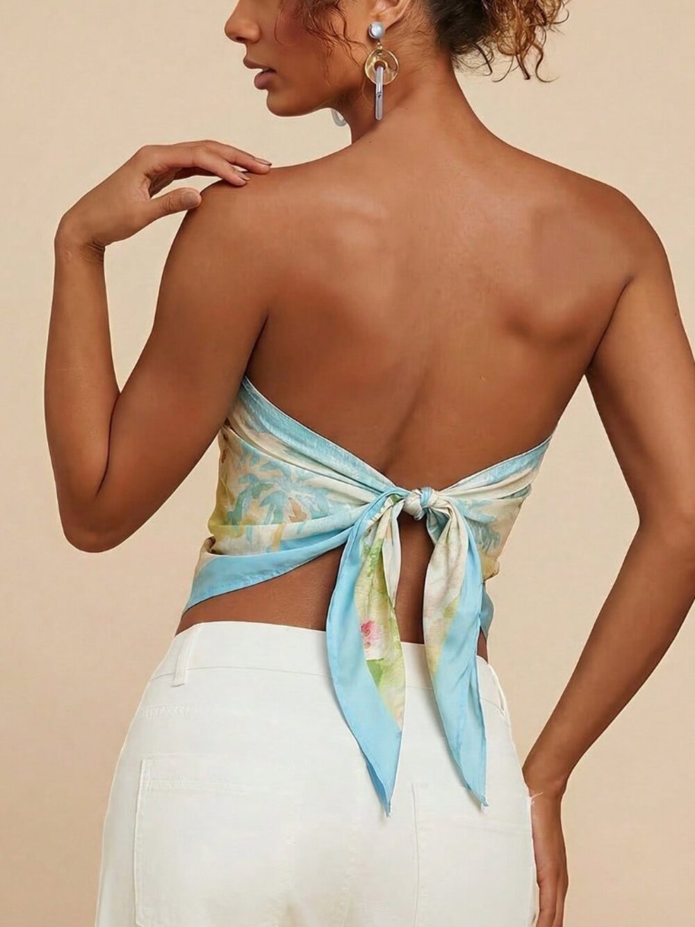 Multicolor Casual Women's Tropical Print Bandeau tie back Top - Picture 2 of 6